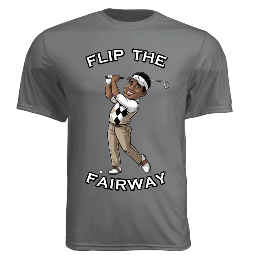 Flip the Fairway Duo grey cotton T-shirt with a colorful golfer graphic and bold black-and-white slogan print.