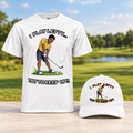 I Play Lefty, Try to Keep Up Duo with a white cotton tee and matching golf cap, featuring a golfer graphic and bold text.