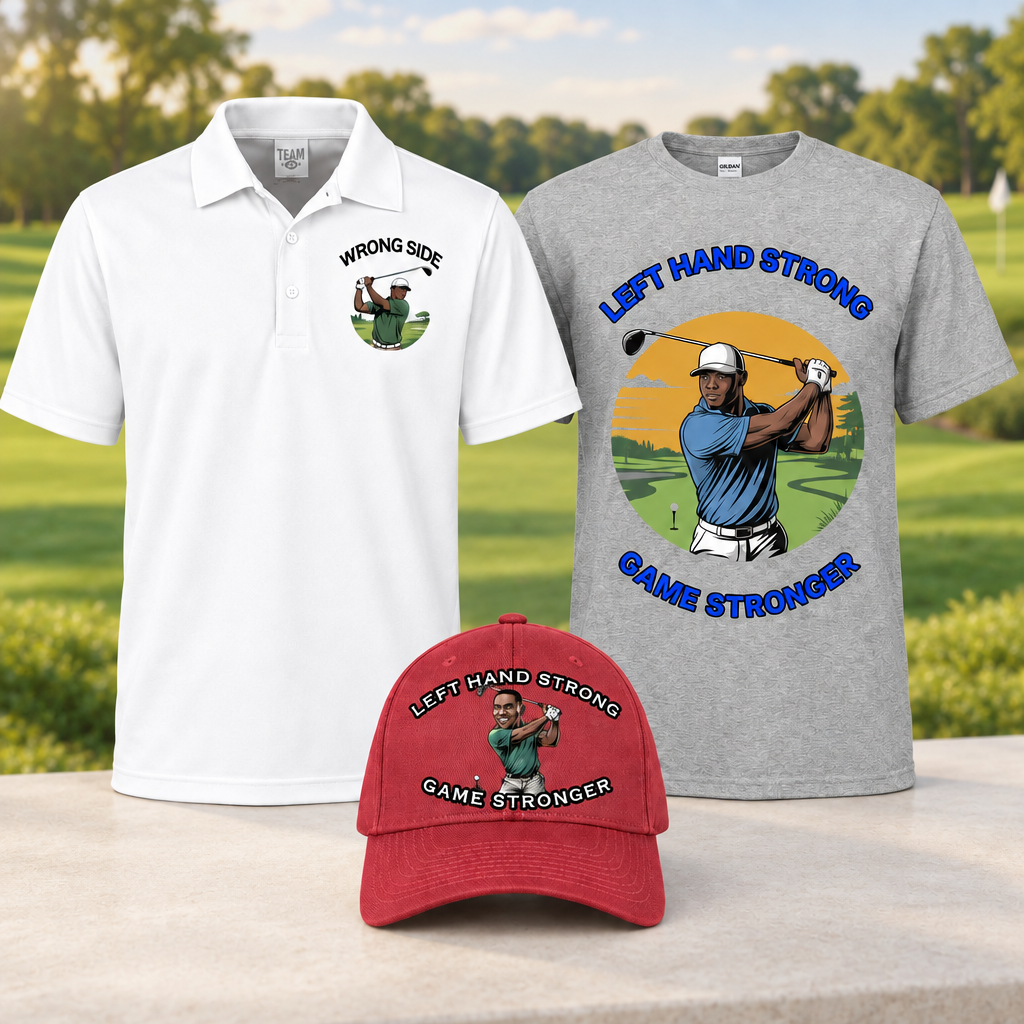 Lefty Starter Pack with a white polo, gray graphic T-shirt, and red embroidered baseball cap.