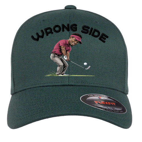 Flexfit 6477 Adult Wool Blend Cap black structured mid-profile golf hat with silver underbill and white embroidered "WRONG SIDE" logo
