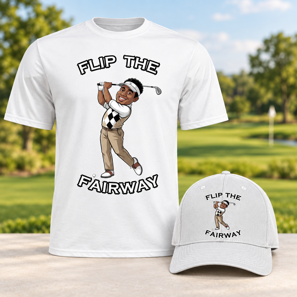Flip the Fairway Duo: white cotton T-shirt and matching white baseball cap with golfer artwork and slogan.